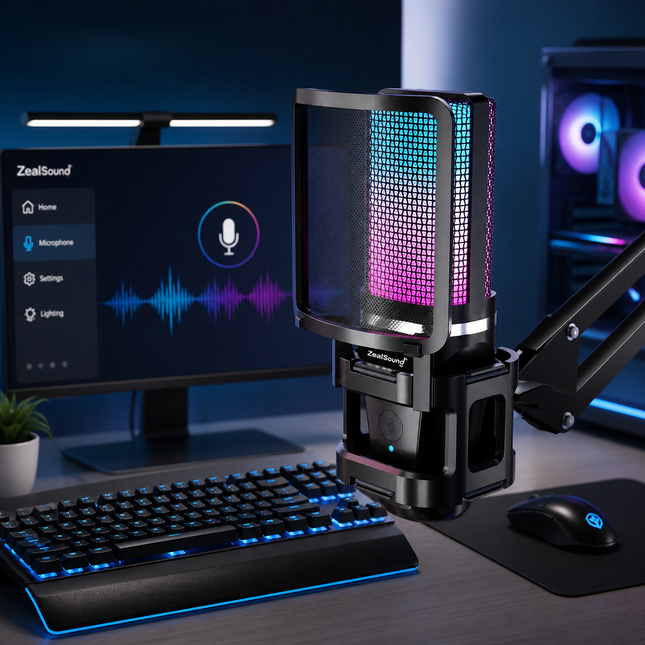 Microphone USB à Condensateur avec Bras Articulé – RGB Recording – Tripod Inclus – Pour Gaming, Podcasting, Streaming, YouTube – Compatible PC, Mac, PS4/PS5, Type-C – Certification CE/FCC/RoHS