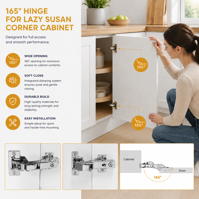 Lot de 2 Charnières d’Armoire à Fermeture Douce 165° – Lazy Susan – Matériel Multi-Pivot Dissimulé – Conception 4D Ajustable – Plaque à Clip Incluse – Pour Armoire Sans Cadre d’Angle – Finition Nickel – Chibery