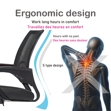Fauteuil de Bureau Ergonomique BestOffice - Chaise de Bureau avec Support Lombaire, Dossier Mesh et Roulettes - Pour Mal de Dos - Certifiée BIFIMA - Réglable (Noir) Livraison Rapide