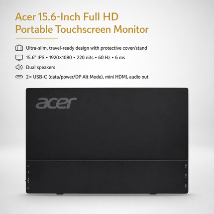 Moniteur Portable Tactile Acer 15,6 Pouces Full HD – Écran IPS Ultra-Mince 0,5″ – Poids 2,73 lb – Housse de Protection avec Support – 2 Ports USB-C, Mini HDMI – Compatible VESA – Adaptive-Sync – Garantie Fabricant 2 Ans