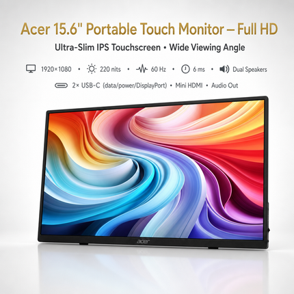 Moniteur Portable Tactile Acer 15,6 Pouces Full HD – Écran IPS Ultra-Mince 0,5″ – Poids 2,73 lb – Housse de Protection avec Support – 2 Ports USB-C, Mini HDMI – Compatible VESA – Adaptive-Sync – Garantie Fabricant 2 Ans