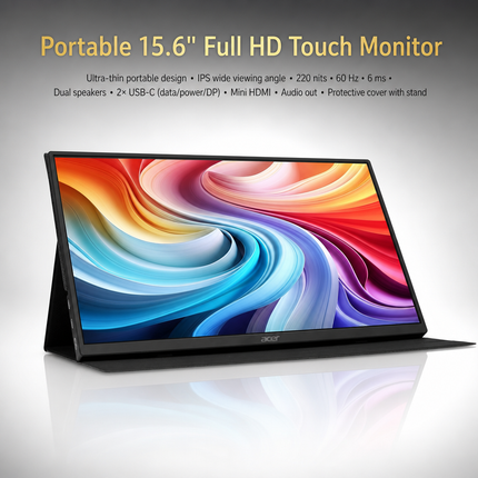 Moniteur Portable Tactile Acer 15,6 Pouces Full HD – Écran IPS Ultra-Mince 0,5″ – Poids 2,73 lb – Housse de Protection avec Support – 2 Ports USB-C, Mini HDMI – Compatible VESA – Adaptive-Sync – Garantie Fabricant 2 Ans