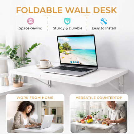 Bureau Mural Pliable Blanc pour Petits Espaces – Table Pliante à Fixation Murale avec Supports Renforcés – Étagère Flottante Multifonction pour Bureau à Domicile, Cuisine, Buanderie, Balcon, Camping-Car – Charge Maximale 36 kg