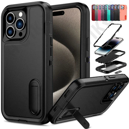 Coque Étui Anti-Choc Militaire à 3 Couches avec Support Kickstand | Pour iPhone 17 Pro Max, 16 15 14 13 12 11 Pro Max Plus etc | Protection Lourde PC + TPU