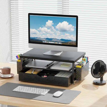 Support de Moniteur Ergonomique à Hauteur Réglable – Organisateur de Bureau 2 Niveaux avec Tiroir et 2 Porte-Stylos – Rehausseur d’Écran pour Ordinateur Portable 10″-20″ – Design Gain de Place – Métal Robust – Pour Bureau, Maison, Étude