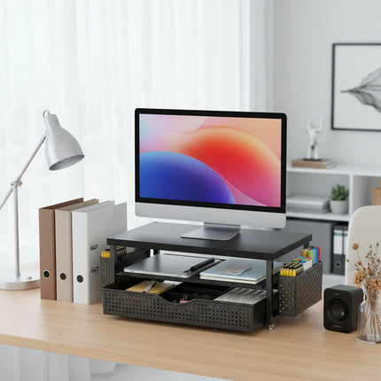 Support de Moniteur Ergonomique à Hauteur Réglable – Organisateur de Bureau 2 Niveaux avec Tiroir et 2 Porte-Stylos – Rehausseur d’Écran pour Ordinateur Portable 10″-20″ – Design Gain de Place – Métal Robust – Pour Bureau, Maison, Étude