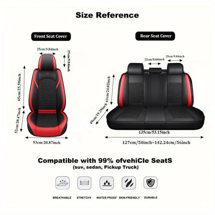 Housses de Siège de Voiture 5 Places Premium – Cuir PU – Tissu en Soie Glacée – Couverture Complète – Appui-Tête Fendu – Antidérapant – Durable – Ajustement Universel – 95% des Voitures