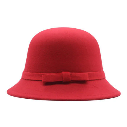 Chapeau Fedora Vintage Femme – Seau Casquette Solide – Nœud en Laine Feutrée – Chapeau d’Hiver et d’Automne – Dôme Feutré – Mariage, Église, Jazz – Melon – Noir, Vin Rouge, Kaki – Taille 56-58 cm