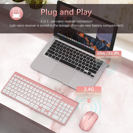 Clavier et Souris Sans Fil 2.4G – Ensemble Portable Full Size avec Pavé Numérique et Souris 2400 DPI – Design Ergonomique Rose pour PC, Ordinateur, Laptop et Gaming