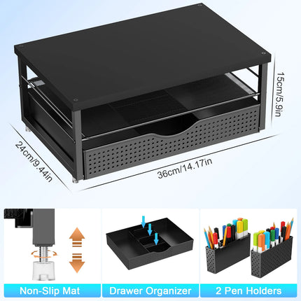 Support de Moniteur Ergonomique à Hauteur Réglable – Organisateur de Bureau 2 Niveaux avec Tiroir et 2 Porte-Stylos – Rehausseur d’Écran pour Ordinateur Portable 10″-20″ – Design Gain de Place – Métal Robust – Pour Bureau, Maison, Étude