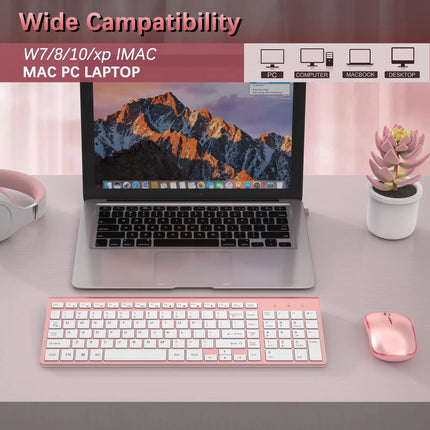 Clavier et Souris Sans Fil 2.4G – Ensemble Portable Full Size avec Pavé Numérique et Souris 2400 DPI – Design Ergonomique Rose pour PC, Ordinateur, Laptop et Gaming