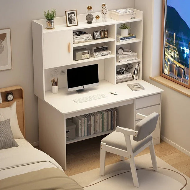 Bureau Esthétique Moderne et Simple – Avec Étagère Intégrée – Idéal pour Chambre d’Étudiant – Bureau d’Apprentissage, Écriture, Dessin et Ordinateur – Tiroirs Inclus – MDF et Métal – Style Minimaliste – Coloris : Blanc Chaud, Chêne, Noyer