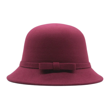 Chapeau Fedora Vintage Femme – Seau Casquette Solide – Nœud en Laine Feutrée – Chapeau d’Hiver et d’Automne – Dôme Feutré – Mariage, Église, Jazz – Melon – Noir, Vin Rouge, Kaki – Taille 56-58 cm