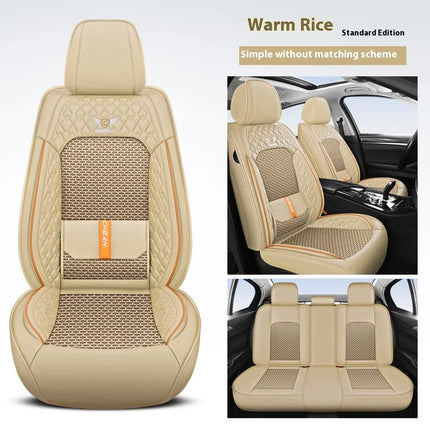 Housse de Siège de Voiture 5 Places – Nouveau Support Lombaire Fixe – Cuir Nappa Soie Glacée – Universel Quatre Saisons – Adapté à la Plupart des Voitures – Mousse PE Rembourrée