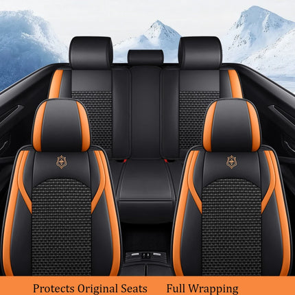 Housses de Siège de Voiture 5 Places Premium – Cuir PU – Tissu en Soie Glacée – Couverture Complète – Appui-Tête Fendu – Antidérapant – Durable – Ajustement Universel – 95% des Voitures