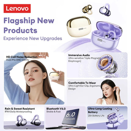 Casque Bluetooth Lenovo Pro LE3  : Réduction de Bruit Active, 25h d'Autonomie, Écouteurs Sport Clip Ear (IPX4, Bluetooth 6.0) - Gris/Violet/Beige/Rose