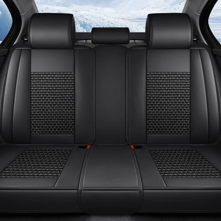 Housses de Siège de Voiture 5 Places Premium – Cuir PU – Tissu en Soie Glacée – Couverture Complète – Appui-Tête Fendu – Antidérapant – Durable – Ajustement Universel – 95% des Voitures