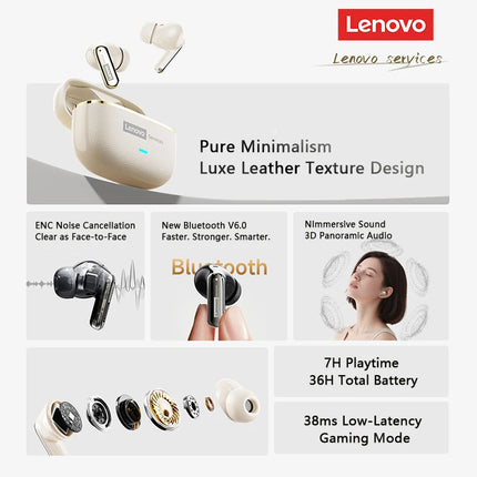 Lenovo Pro LE2 TWS – Écouteurs Bluetooth 6.0 Cuir, Réduction de Bruit ENC, 36h Autonomie, 38ms Latence pour Jeu