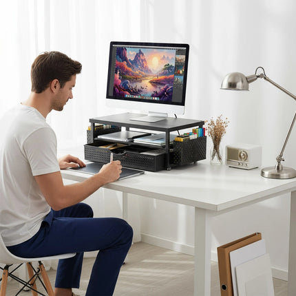 Support de Moniteur Ergonomique à Hauteur Réglable – Organisateur de Bureau 2 Niveaux avec Tiroir et 2 Porte-Stylos – Rehausseur d’Écran pour Ordinateur Portable 10″-20″ – Design Gain de Place – Métal Robust – Pour Bureau, Maison, Étude