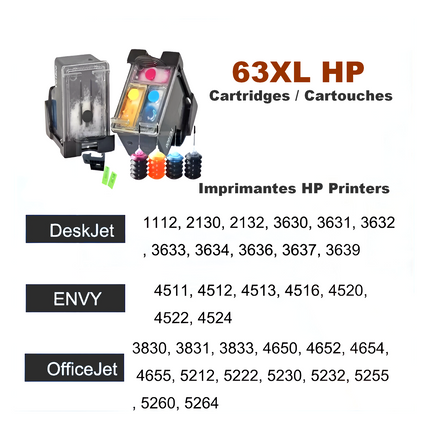 Cartouche d'Encre Rechargeable HP 63XL – Compatible Deskjet 1110, 2130, 3630, ENVY 4520, OfficeJet 4650