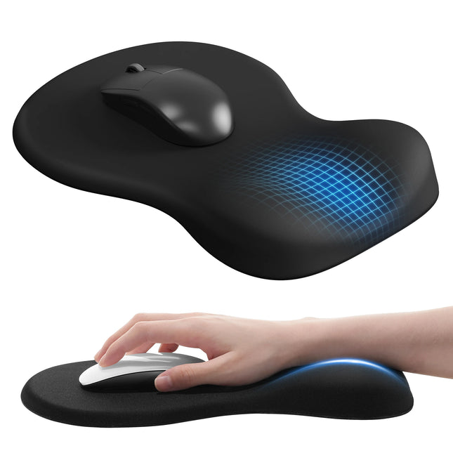 Tapis de Souris Ergonomique avec Repose-Poignet – Noir avec Support de Poignet – Base Dure Antidérapante – Mousse à Mémoire de Forme – Surface Tissu Lisse – Portable pour Bureau / Maison – Caoutchouc Durable