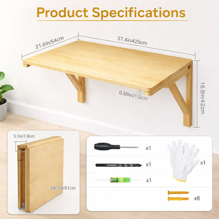 Table Murale Pliable en Bois Massif – Table à Manger / Bureau d’Ordinateur / Table d’Apprentissage – Tailles : 60×40 cm, 75×50 cm, 80×60 cm, 100×60 cm – Design Classique – Bois de Pin Naturel – Charge Jusqu’à 136 kg – Mécanisme à Dégagement Simple