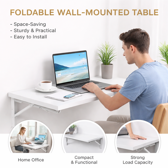 Table Pliante Murale Améliorée – Tailles : 80×40 cm, 100×50 cm, 120×50 cm – Bureau Rabattable avec Supports en Acier Pliants – Surface Imperméable – Charge Jusqu’à 81 kg – Pour Buanderie, Cuisine, Garage, Bureau, Atelier