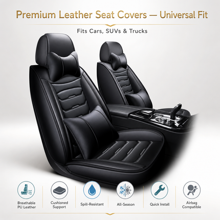 Housses de Siège de Voiture en Cuir Véritable 5 Places – Toutes Saisons – Universelles – Adaptées aux Voitures, SUV, Camions – Accessoires Intérieurs Automobiles Durables de Qualité Supérieure – Fibre Synthétique – Remplissage Coton