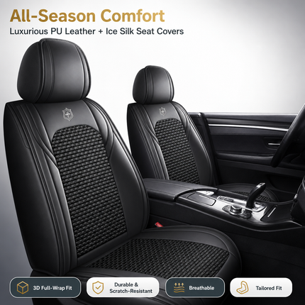 Housses de Siège de Voiture 5 Places Premium – Cuir PU – Tissu en Soie Glacée – Couverture Complète – Appui-Tête Fendu – Antidérapant – Durable – Ajustement Universel – 95% des Voitures