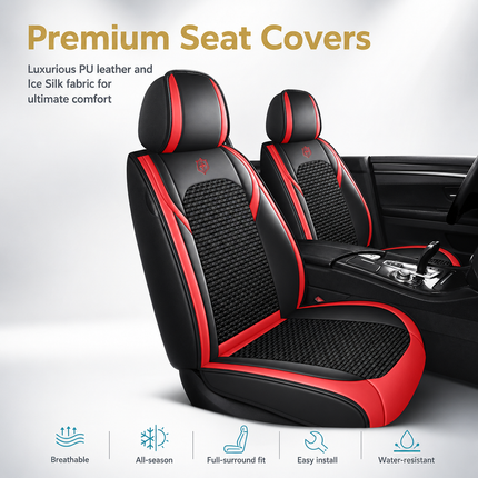 Housses de Siège de Voiture 5 Places Premium – Cuir PU – Tissu en Soie Glacée – Couverture Complète – Appui-Tête Fendu – Antidérapant – Durable – Ajustement Universel – 95% des Voitures