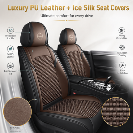Housses de Siège de Voiture 5 Places Premium – Cuir PU – Tissu en Soie Glacée – Couverture Complète – Appui-Tête Fendu – Antidérapant – Durable – Ajustement Universel – 95% des Voitures