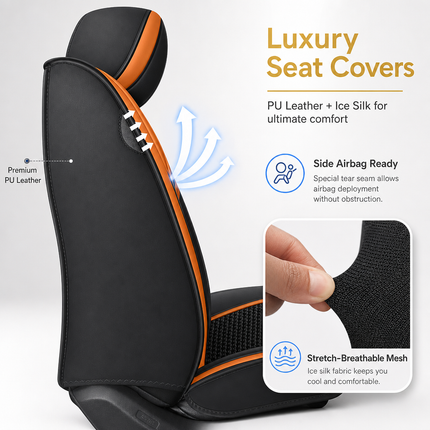 Housses de Siège de Voiture 5 Places Premium – Cuir PU – Tissu en Soie Glacée – Couverture Complète – Appui-Tête Fendu – Antidérapant – Durable – Ajustement Universel – 95% des Voitures