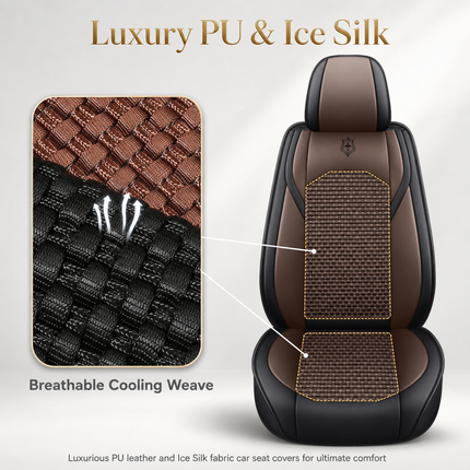 Housses de Siège de Voiture 5 Places Premium – Cuir PU – Tissu en Soie Glacée – Couverture Complète – Appui-Tête Fendu – Antidérapant – Durable – Ajustement Universel – 95% des Voitures