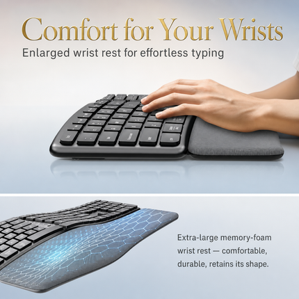 Clavier Ergonomique Sans Fil 2,4 GHz – Conception Divisée Naturelle – Repose-Poignets Intégré – Inclinaisons Réglables – 111 Touches avec Pavé Numérique – Touches Silencieuses et Réactives – Rechargeable – Compatible PC, Mac, Tablet
