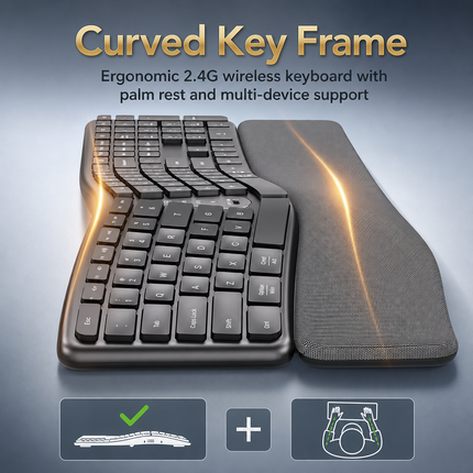 Clavier Ergonomique Sans Fil 2,4 GHz – Conception Divisée Naturelle – Repose-Poignets Intégré – Inclinaisons Réglables – 111 Touches avec Pavé Numérique – Touches Silencieuses et Réactives – Rechargeable – Compatible PC, Mac, Tablet