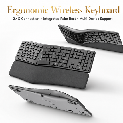Clavier Ergonomique Sans Fil 2,4 GHz – Conception Divisée Naturelle – Repose-Poignets Intégré – Inclinaisons Réglables – 111 Touches avec Pavé Numérique – Touches Silencieuses et Réactives – Rechargeable – Compatible PC, Mac, Tablet