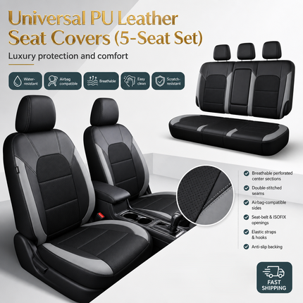 Housse de Siège de Voiture Universelle en Cuir PU – Ensemble Complet 9 Pièces – Luxe – 5 Sièges – Haute Qualité – Protection Complète 5 Places pour Voitures, SUV, Camions, Fourgonnettes