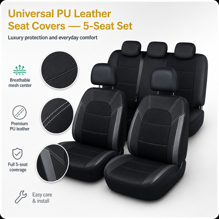 Housse de Siège de Voiture Universelle en Cuir PU – Ensemble Complet 9 Pièces – Luxe – 5 Sièges – Haute Qualité – Protection Complète 5 Places pour Voitures, SUV, Camions, Fourgonnettes