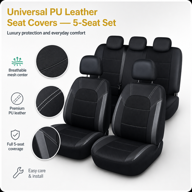 Housse de Siège de Voiture Universelle en Cuir PU – Ensemble Complet 9 Pièces – Luxe – 5 Sièges – Haute Qualité – Protection Complète 5 Places pour Voitures, SUV, Camions, Fourgonnettes
