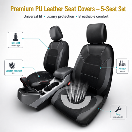 Housse de Siège de Voiture Universelle en Cuir PU – Ensemble Complet 9 Pièces – Luxe – 5 Sièges – Haute Qualité – Protection Complète 5 Places pour Voitures, SUV, Camions, Fourgonnettes