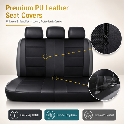 Housse de Siège de Voiture Universelle en Cuir PU – Ensemble Complet 9 Pièces – Luxe – 5 Sièges – Haute Qualité – Protection Complète 5 Places pour Voitures, SUV, Camions, Fourgonnettes