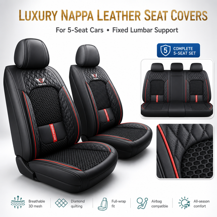 Housse de Siège de Voiture 5 Places – Nouveau Support Lombaire Fixe – Cuir Nappa Soie Glacée – Universel Quatre Saisons – Adapté à la Plupart des Voitures – Mousse PE Rembourrée
