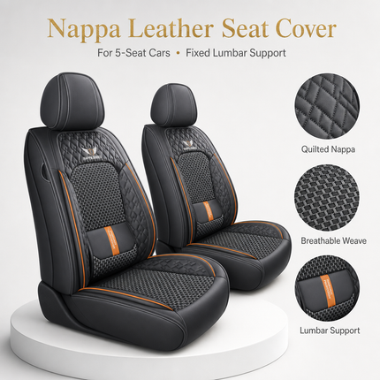 Housse de Siège de Voiture 5 Places – Nouveau Support Lombaire Fixe – Cuir Nappa Soie Glacée – Universel Quatre Saisons – Adapté à la Plupart des Voitures – Mousse PE Rembourrée