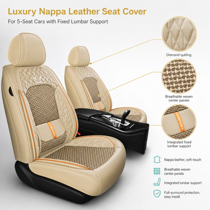 Housse de Siège de Voiture 5 Places – Nouveau Support Lombaire Fixe – Cuir Nappa Soie Glacée – Universel Quatre Saisons – Adapté à la Plupart des Voitures – Mousse PE Rembourrée