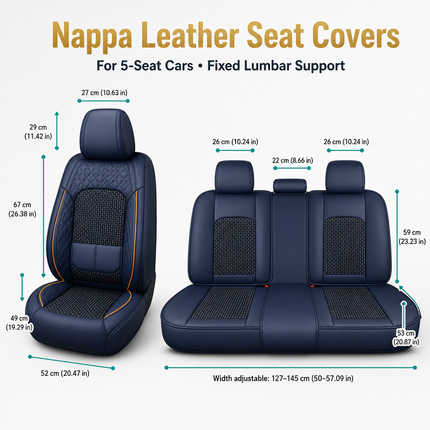 Housse de Siège de Voiture 5 Places – Nouveau Support Lombaire Fixe – Cuir Nappa Soie Glacée – Universel Quatre Saisons – Adapté à la Plupart des Voitures – Mousse PE Rembourrée