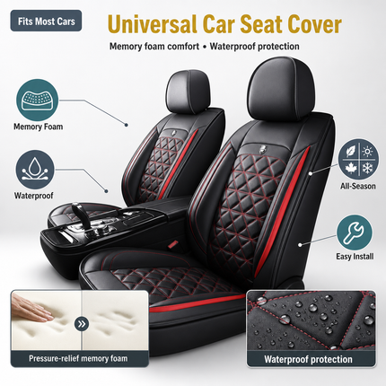 Housse de Siège de Voiture 5 Places Universelle – Pour la Plupart des Sièges de Voiture – Éponge et Cuir Artificiel – Rembourrage Mousse à Mémoire de Forme – Imperméable – Toutes Saisons – Rangement et Organisation – Protection Complète