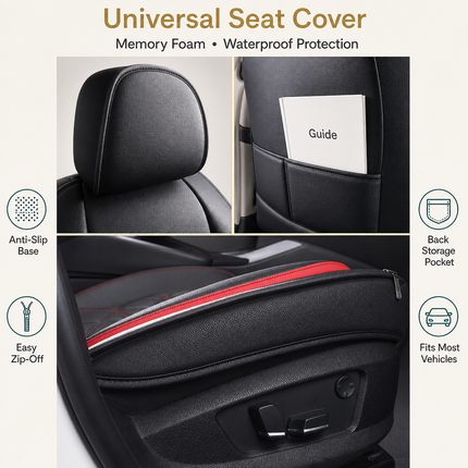 Housse de Siège de Voiture 5 Places Universelle – Pour la Plupart des Sièges de Voiture – Éponge et Cuir Artificiel – Rembourrage Mousse à Mémoire de Forme – Imperméable – Toutes Saisons – Rangement et Organisation – Protection Complète