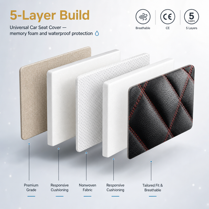 Housse de Siège de Voiture 5 Places Universelle – Pour la Plupart des Sièges de Voiture – Éponge et Cuir Artificiel – Rembourrage Mousse à Mémoire de Forme – Imperméable – Toutes Saisons – Rangement et Organisation – Protection Complète