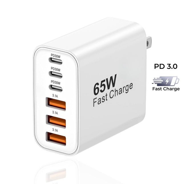 Chargeur Secteur Multiport 6-en-1 65W - 3 Ports USB-C PD + 3 Ports USB-A QC, Compatible iPhone 17 16, iPad, Samsung S24, iWatch, Switch