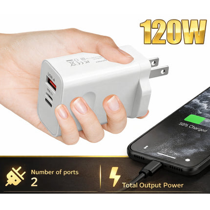 Chargeur Mural Rapide 120W 2 en 1 – Double Port USB-A et USB-C PD – Bloc d’Alimentation Universel pour iPhone, Samsung, Xiaomi, Redmi – Prise US